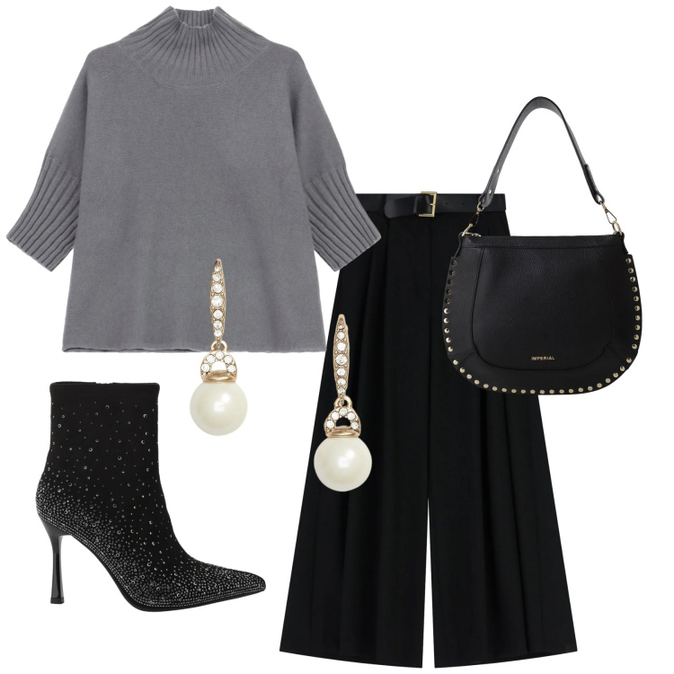 Outfit donna - Total look #2312749. Stile Glamour per Serata fuori. Abbinamento con stivaletti, pantaloni a palazzo, maglieria, borse a spalla, orecchini.