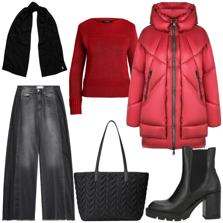 Outfit donna - Total look #2312752. Stile Casual chic per Tutti i giorni. Abbinamento con stivaletti chelsea, jeans, borse tote, maglieria, sciarpe, piumini.