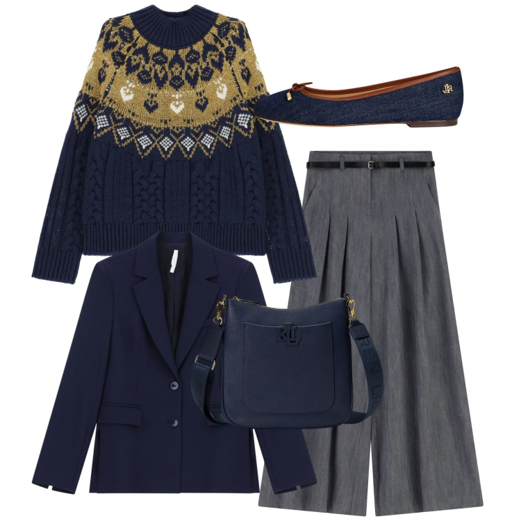 Outfit donna - Imperial - Saldi FW 2025. Stile Bon Ton per Tutti i giorni. Abbinamento con pantaloni a palazzo, maglieria, blazer, borse a tracolla, ballerine.