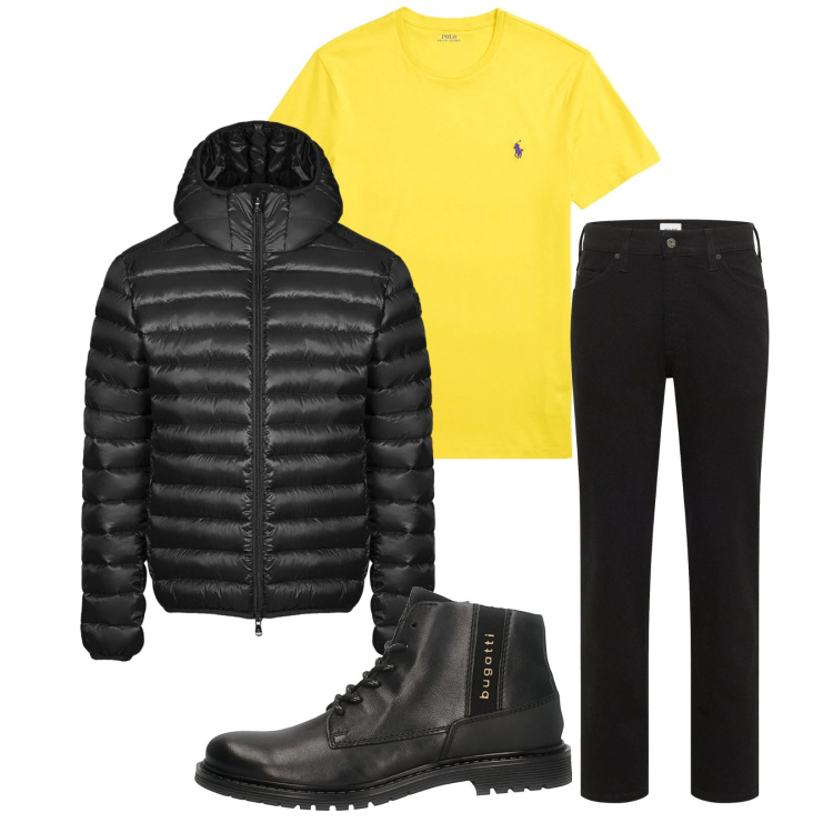 Outfit uomo - Total look #2312776. Stile Trendy per Tutti i giorni. Abbinamento con jeans dritti, t-shirt, bomber, stivali e stivaletti.