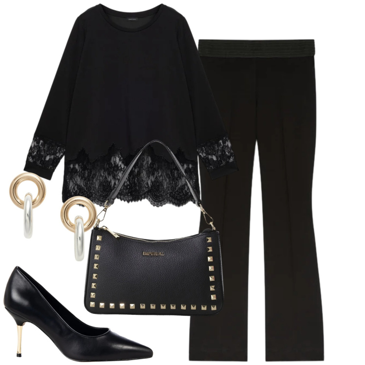 Outfit donna - Fiorella rubini. Stile Chic per Tutti i giorni. Abbinamento con pochette, orecchini, décolleté, bluse, pantaloni.