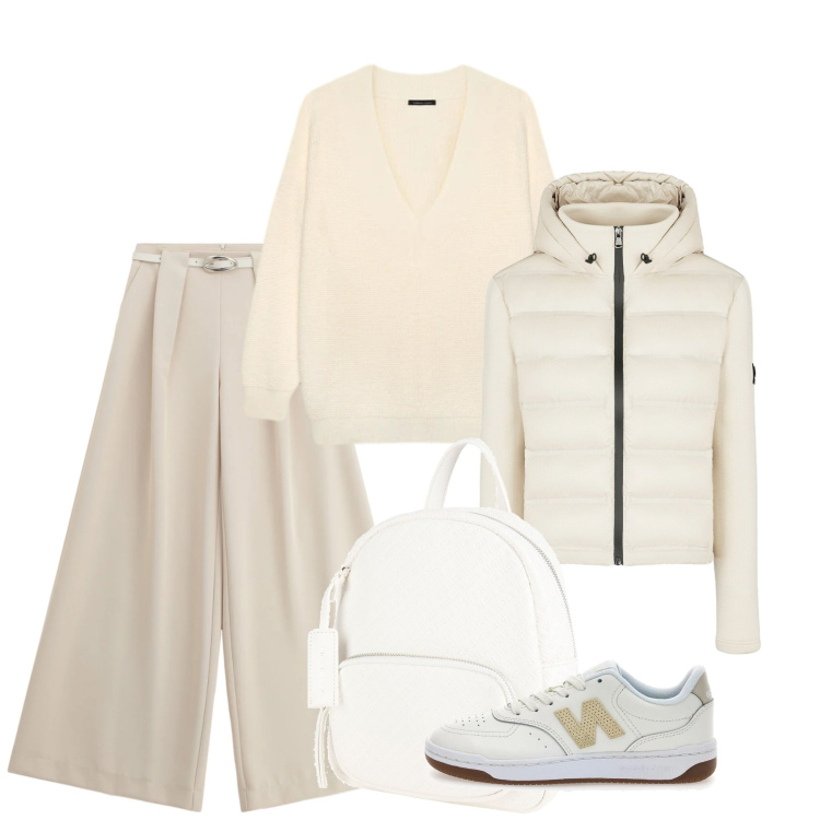 Outfit donna - Tonalità panna e burro. Stile Basic per Tutti i giorni. Abbinamento con zaini, pantaloni a palazzo, piumini, sneakers, maglieria.