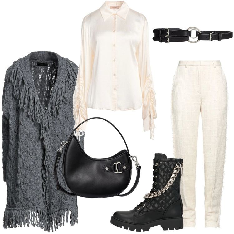 Outfit donna - Cardigan avvolgente. Stile Casual chic per Tutti i giorni. Abbinamento con cardigans, camicie, pantaloni, anfibi, borse a tracolla, cinture.