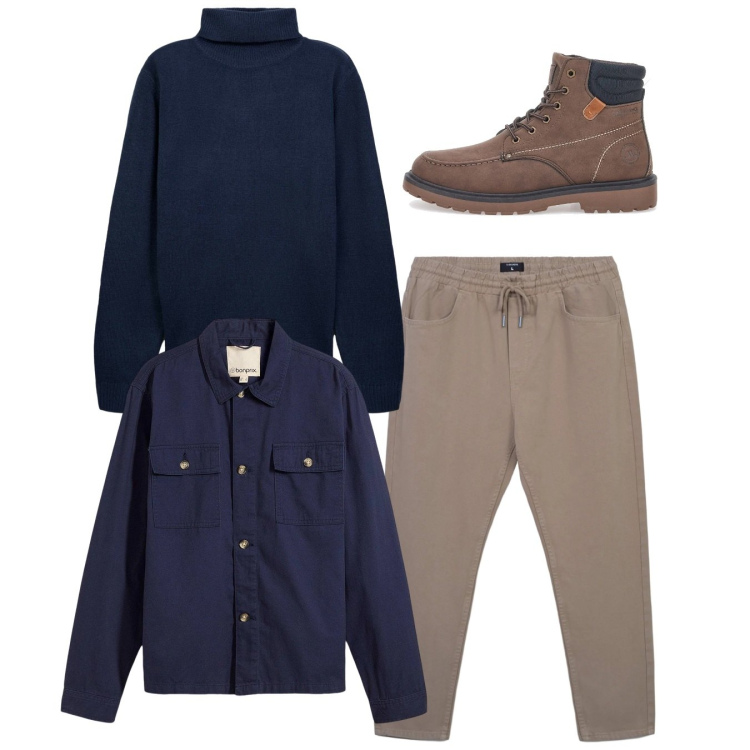 Outfit uomo - Total look. Stile Casual per Tutti i giorni. Abbinamento con giacche, pantaloni, maglieria, stivali e stivaletti.