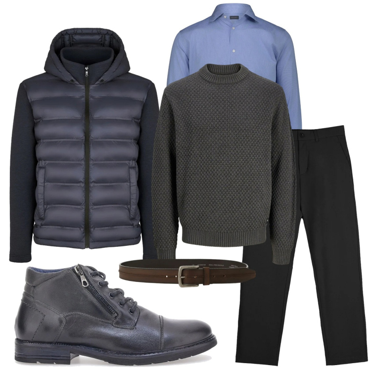 Outfit uomo - Total look #2312805. Stile Trendy per Tutti i giorni. Abbinamento con maglieria, cinture, pantaloni chino, piumini, stivali e stivaletti, camicie.
