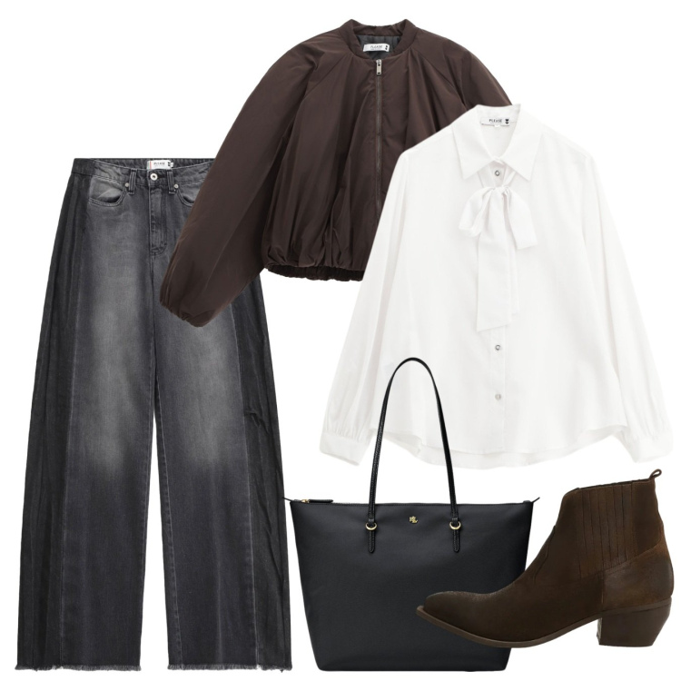 Outfit donna - Please - Saldi FW 2025. Stile Chic per Tutti i giorni. Abbinamento con cappotti, jeans, camicie, borse tote, stivaletti.