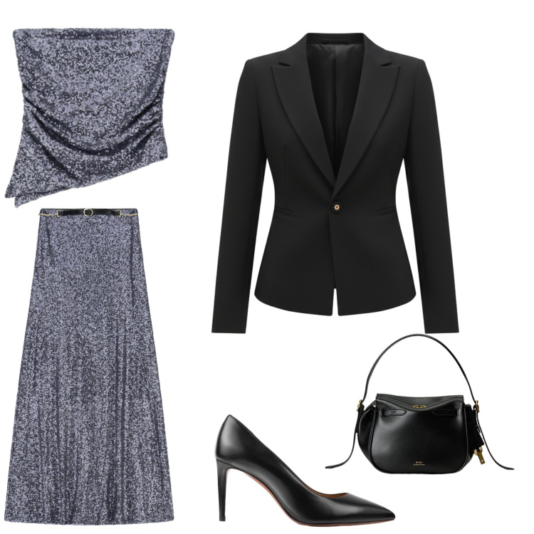 Outfit donna - Brilliamo anche dopo Natale. Stile Chic per Serata fuori. Abbinamento con gonne lunghe, top, décolleté, borse a mano, blazer.