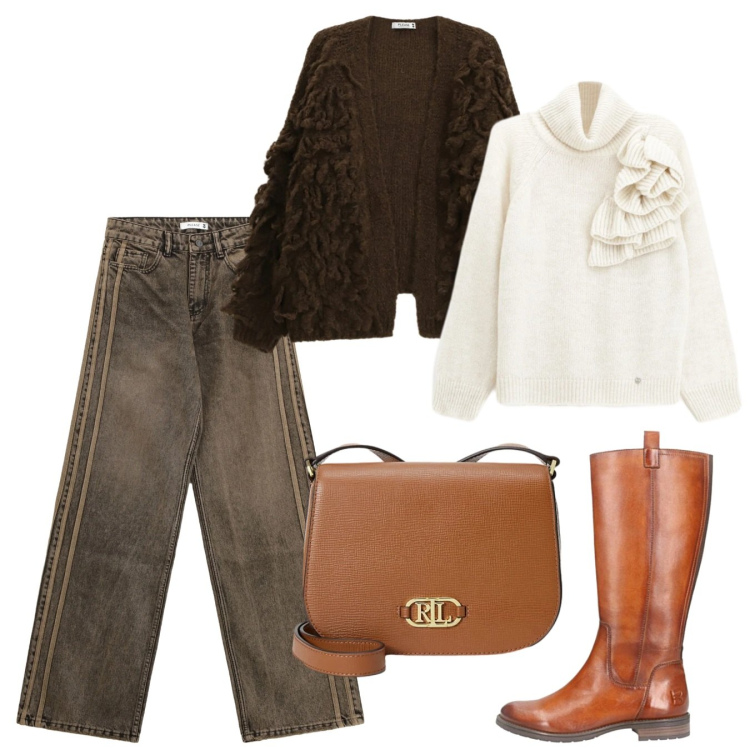 Outfit donna - Please - Saldi FW 2025. Stile Casual per Tutti i giorni. Abbinamento con jeans, cardigans, maglieria, borse a tracolla, stivali.