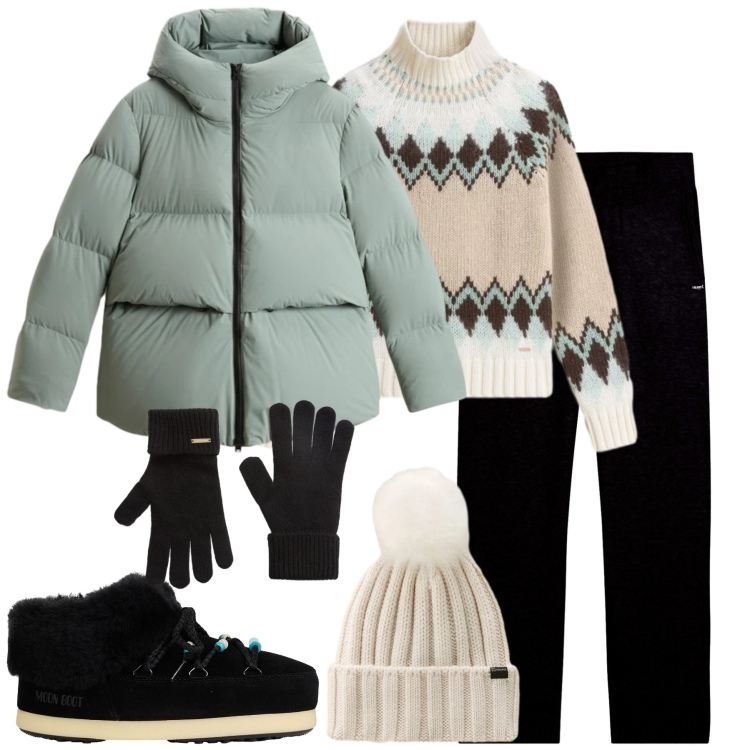 Outfit donna - Weekend sulla neve. Stile Casual chic per Tutti i giorni. Abbinamento con stivali da neve, pantaloni, piumini, maglieria, guanti, berretti.