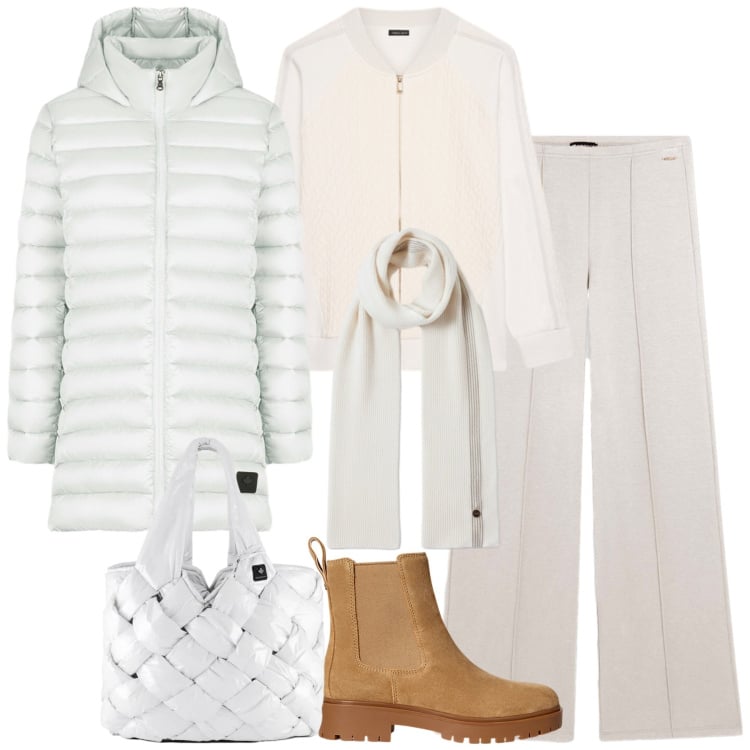 Outfit donna - Confortevole sotto la neve - Curvy. Stile Sporty chic per Tutti i giorni. Abbinamento con sciarpe, pantaloni, stivaletti chelsea, piumini, borse tote, felpe.