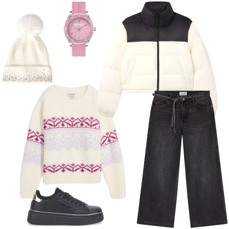 Outfit donna - Pullover avvolgente. Stile Casual per Tutti i giorni. Abbinamento con maglieria, jeans, berretti, bomber, orologi, sneakers.