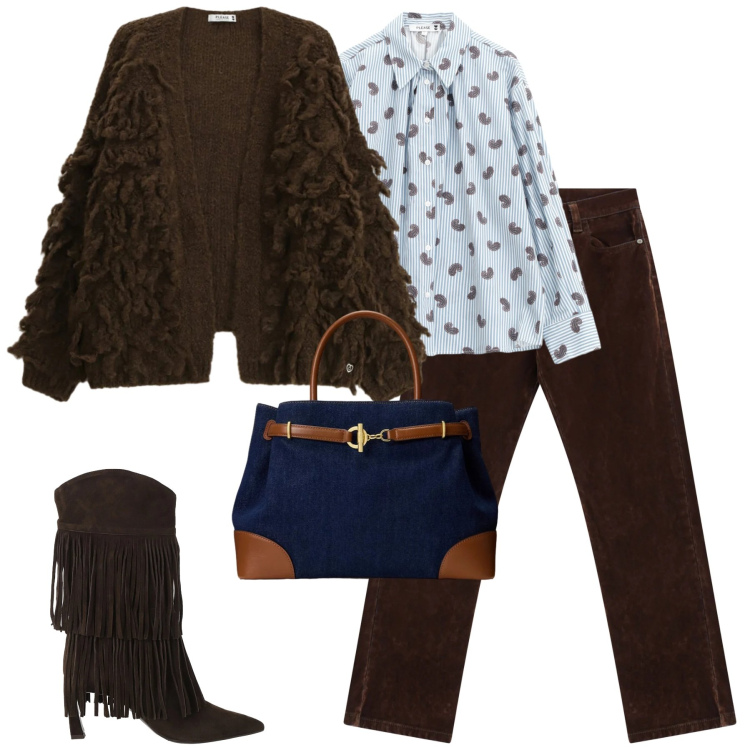 Outfit donna - Please. Stile Casual chic per Tutti i giorni. Abbinamento con pantaloni, cardigans, camicie, borse a mano, stivali.