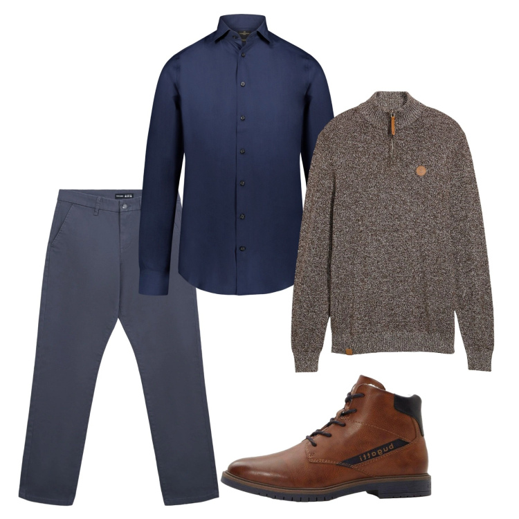Outfit uomo - Gennaio. Stile Casual per Tutti i giorni. Abbinamento con anfibi, maglieria, pantaloni chino, camicie.