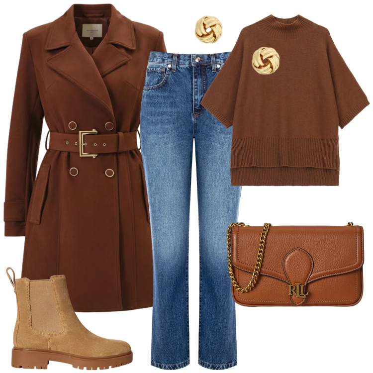 Outfit donna - Gennaio. Stile Casual chic per Tutti i giorni. Abbinamento con maglieria, orecchini, stivaletti chelsea, clutch, trench, jeans boyfriend.