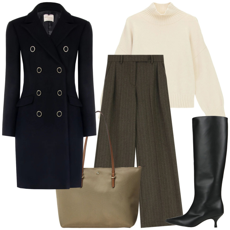 Outfit donna - Il cappotto nero. Stile Urban per Ufficio. Abbinamento con stivali, pantaloni a palazzo, maglieria, borse tote, cappotti.