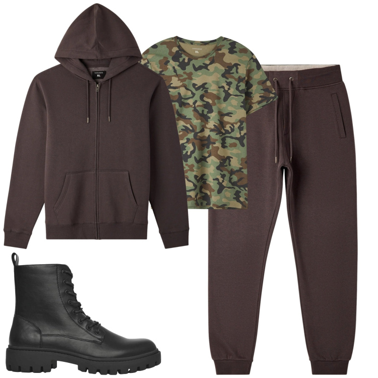 Outfit uomo - Sporty. Stile Casual per Tutti i giorni. Abbinamento con t-shirt, anfibi, felpe con cappuccio, pantaloni.