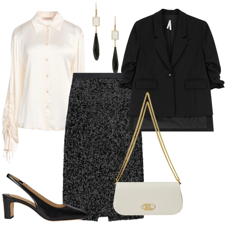 Outfit donna - Serata chic. Stile Chic per Serata fuori. Abbinamento con camicie, gonne longuette, blazer, orecchini, décolleté, borse a spalla.