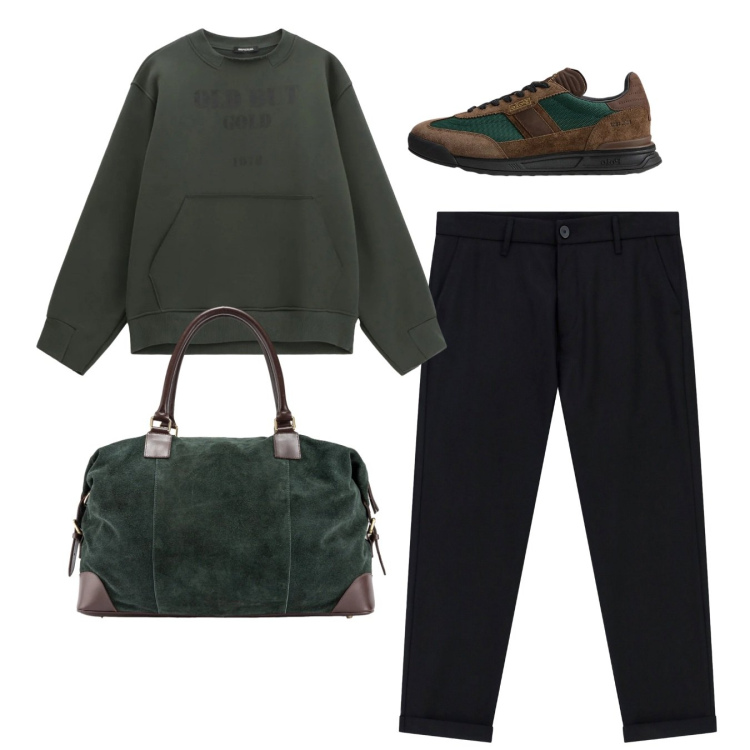 Outfit uomo - Total look. Stile Casual per Tutti i giorni. Abbinamento con pantaloni, felpe, sneakers, borse sportive.