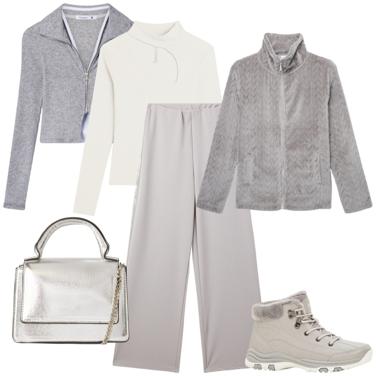 Outfit donna - Winter is soft grey. Stile Sporty chic per Tutti i giorni. Abbinamento con stivaletti, felpe, borse a tracolla, felpe, pantaloni, maglieria.