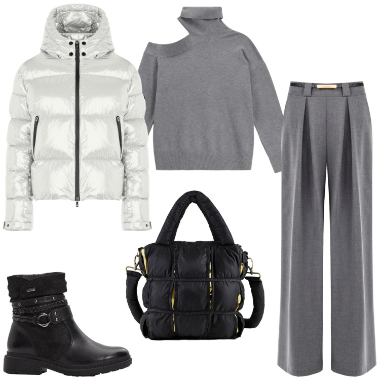 Outfit donna - Grigio in inverno. Stile Casual per Tutti i giorni. Abbinamento con stivaletti, maglieria, borse a mano, piumini, pantaloni a palazzo.