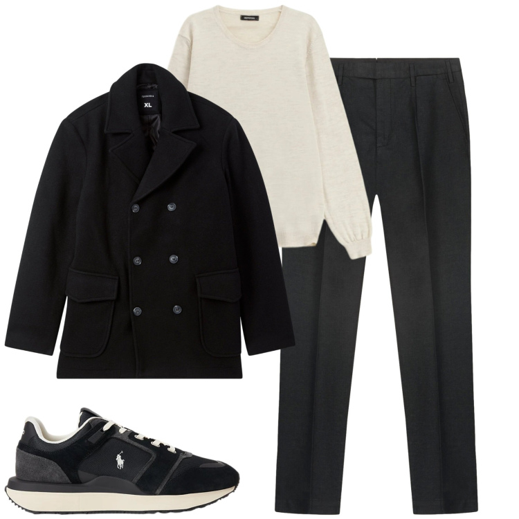 Outfit uomo - City. Stile Urban per Tutti i giorni. Abbinamento con caban, maglieria, sneakers, pantaloni.