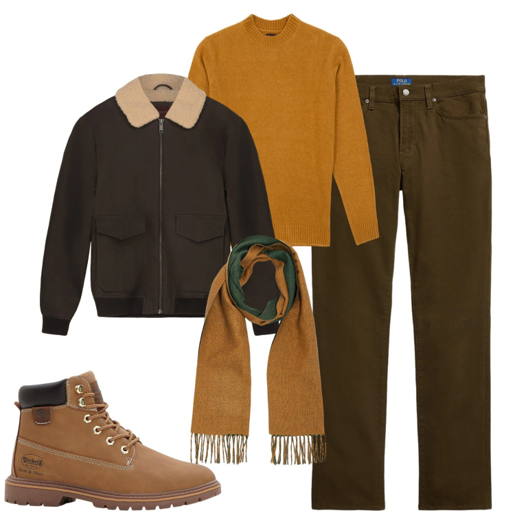 Outfit uomo - City. Stile Urban per Tutti i giorni. Abbinamento con stivali e stivaletti, pantaloni, bomber, maglieria, sciarpe.