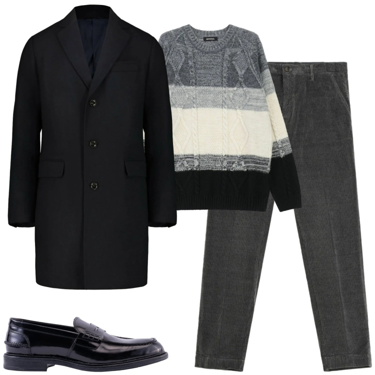 Outfit uomo - Gennaio. Stile Urban per Tutti i giorni. Abbinamento con maglieria, pantaloni chino, scarpe stringate, cappotti.
