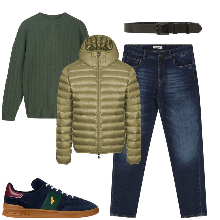 Outfit uomo - City. Stile Casual per Tutti i giorni. Abbinamento con jeans dritti, cinture, sneakers, bomber, maglieria.