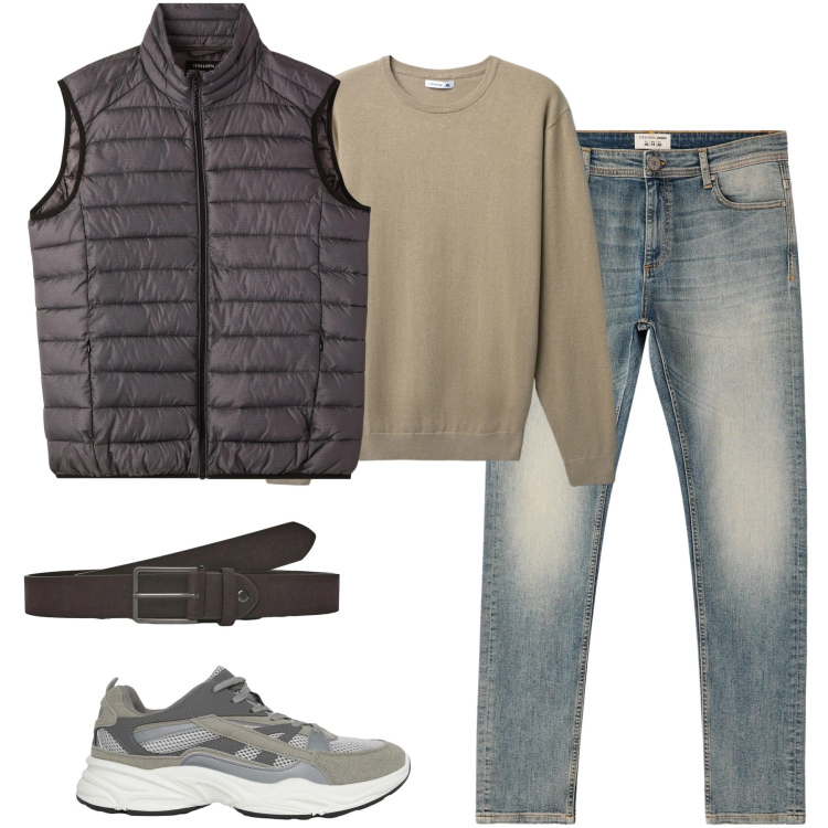 Outfit uomo - Gennaio. Stile Casual per Tutti i giorni. Abbinamento con sneakers, cinture, jeans skinny, piumini, maglieria.