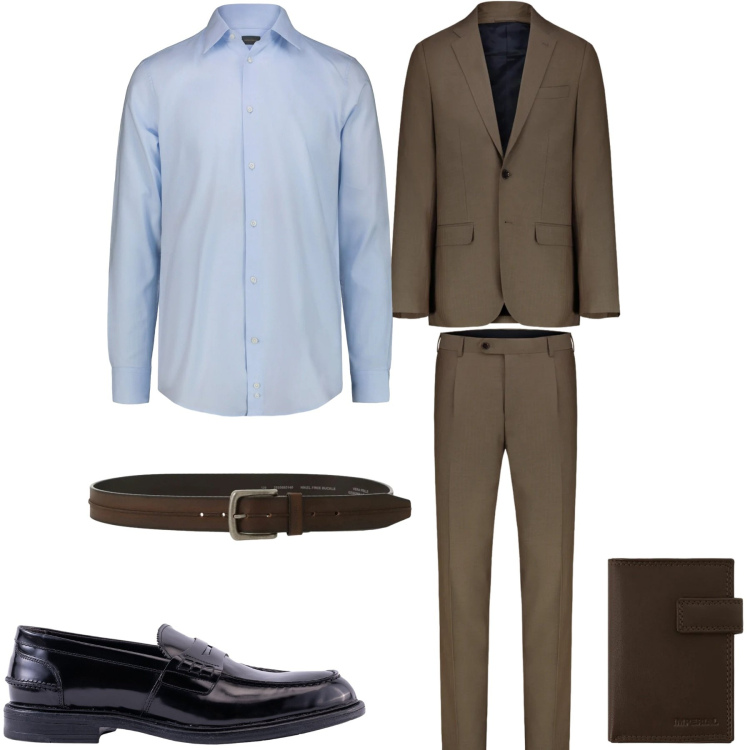 Outfit uomo - Abito nocciola. Stile Business/Elegante per Tutti i giorni. Abbinamento con portafogli, cinture, abiti, scarpe stringate, camicie.