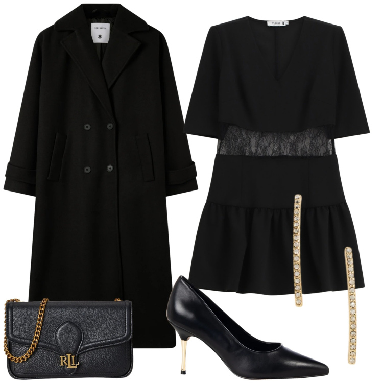 Outfit donna - Minimal chic. Stile Minimal per Serata fuori. Abbinamento con cappotti, décolleté, vestiti corti, orecchini, clutch.