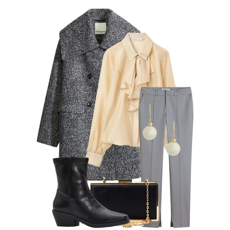 Outfit donna - Total look #2312931. Stile Chic per Serata fuori. Abbinamento con cappotti, pantaloni, stivaletti, camicie, orecchini, pochette.