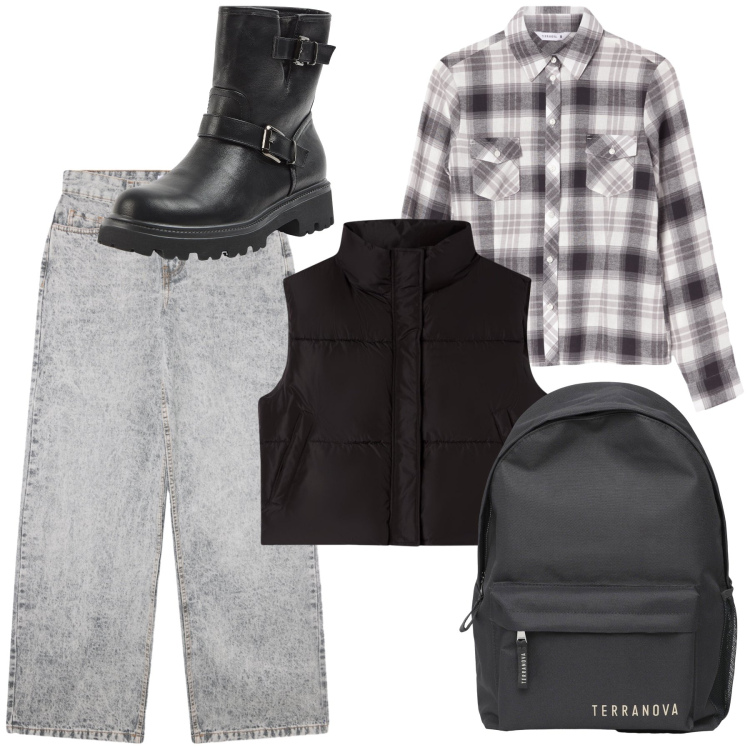 Outfit donna - Simply weekend. Stile Casual per Tutti i giorni. Abbinamento con jeans boyfriend, stivaletti, piumini, zaini, camicie.