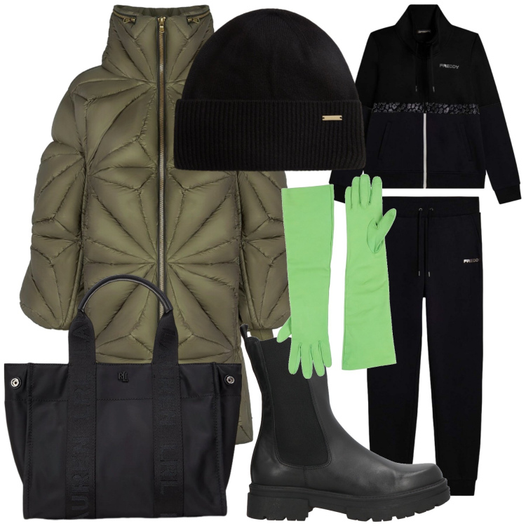Outfit donna - Total look. Stile Casual per Tutti i giorni. Abbinamento con stivaletti, guanti, cappotti, borse tote, tute, berretti.