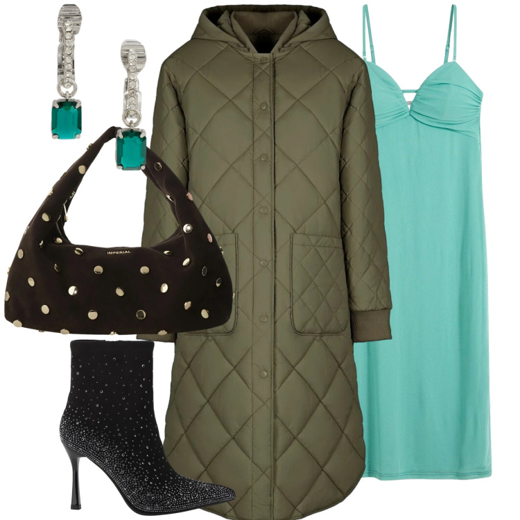 Outfit donna - Abito sottoveste e ‘smeraldi’. Stile Glamour per Serata fuori. Abbinamento con vestiti lunghi, stivaletti, borse a spalla, orecchini, piumini.