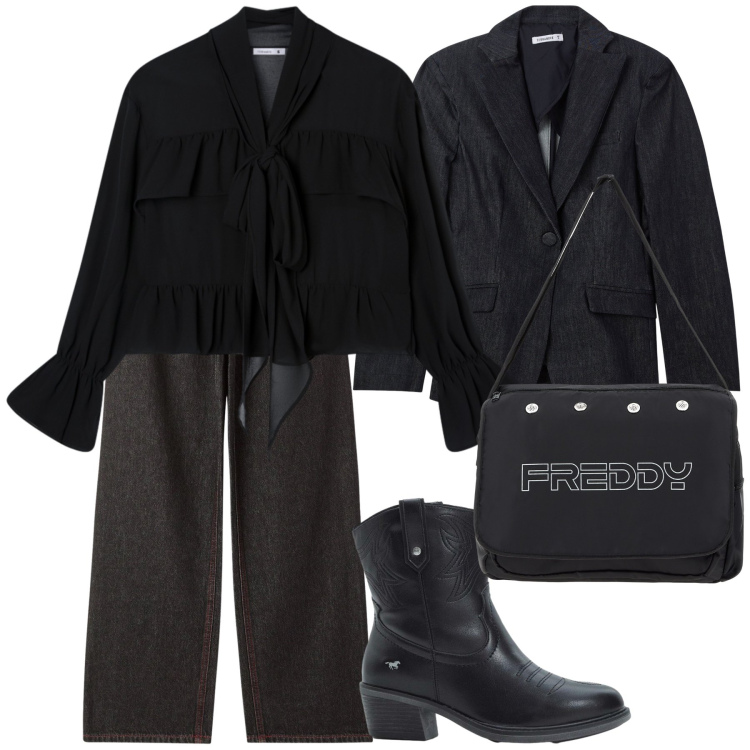 Outfit donna - Il jeans nero fa ufficio. Stile Urban per Ufficio. Abbinamento con stivaletti texani, jeans dritti, camicie, blazer, borse messenger.