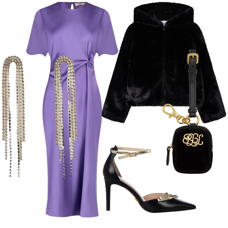 Outfit donna - Una cascata di luce. Stile Chic per Serata fuori. Abbinamento con ecopellicce, orecchini, pochette, vestiti midi/longuette, décolleté.