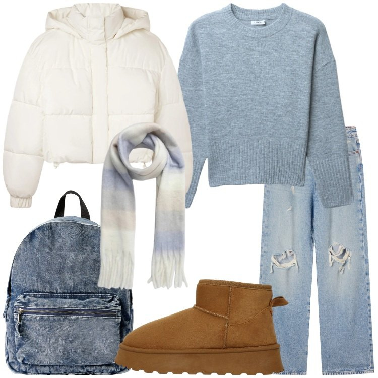 Outfit donna - Maglioni che abbracciano. Stile Casual per Tutti i giorni. Abbinamento con maglieria, jeans strappati, bomber, zaini, sciarpe, stivali.