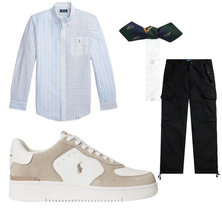 Outfit uomo - Minimal con Carattere. Stile Urban per Tutti i giorni. Abbinamento con camicie, sneakers, papillon, pantaloni cargo.