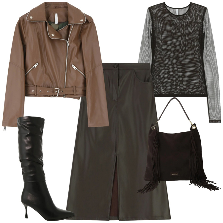 Outfit donna - La gonna moro. Stile Trendy per Tutti i giorni. Abbinamento con giacche, stivali sopra il ginocchio, t-shirt, borse a spalla, gonne longuette.