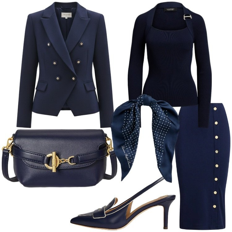 Outfit donna - Blu. Stile Bon Ton per Cerimonia. Abbinamento con gonne, borse a tracolla, décolleté, maglieria, foulard, blazer.
