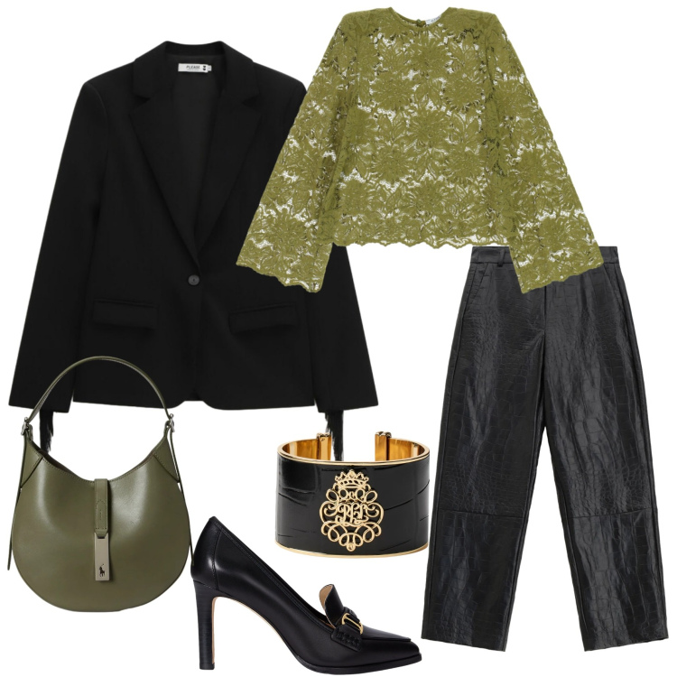 Outfit donna - Saldi Please 25. Stile Casual chic per Serata fuori. Abbinamento con maglieria, pantaloni, blazer, décolleté, braccialetti, borse a spalla.
