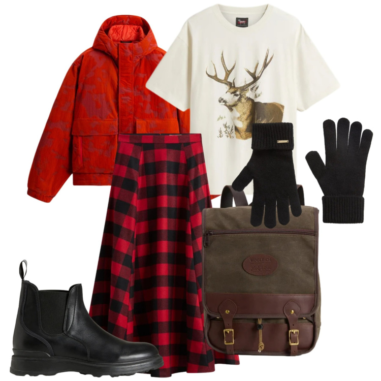 Outfit donna - Wood. Stile Glamour per Tutti i giorni. Abbinamento con zaini, stivaletti, gonne lunghe, t-shirt, guanti, blazer.