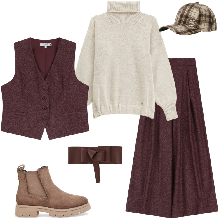 Outfit donna - Please saldi 25. Stile Casual chic per Ufficio. Abbinamento con maglieria, gilet, pantaloni a palazzo, cinture, cappelli con visiera, stivaletti chelsea.