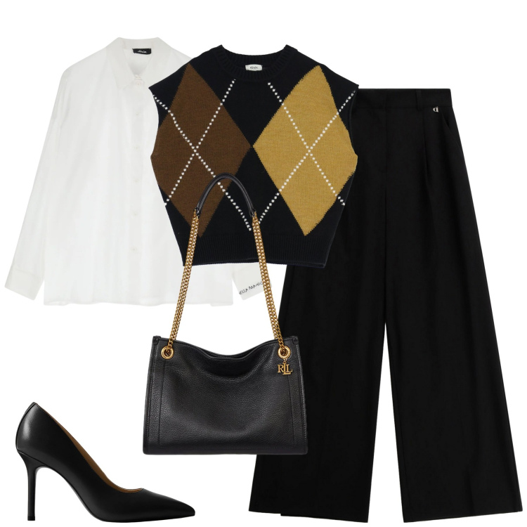 Outfit donna - Dixie saldi. Stile Trendy per Tutti i giorni. Abbinamento con pantaloni a palazzo, gilet, camicie, décolleté, borse tote.