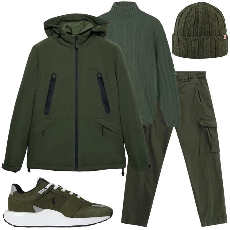 Outfit uomo - Verde bosco. Stile Urban per Tutti i giorni. Abbinamento con giacche, pantaloni cargo, sneakers, cappelli, maglieria.