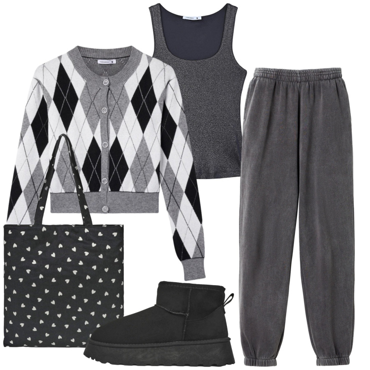 Outfit donna - Total look #2312992. Stile Minimal per Scuola/Università. Abbinamento con pantaloni, top, borse tote, stivaletti, cardigans.