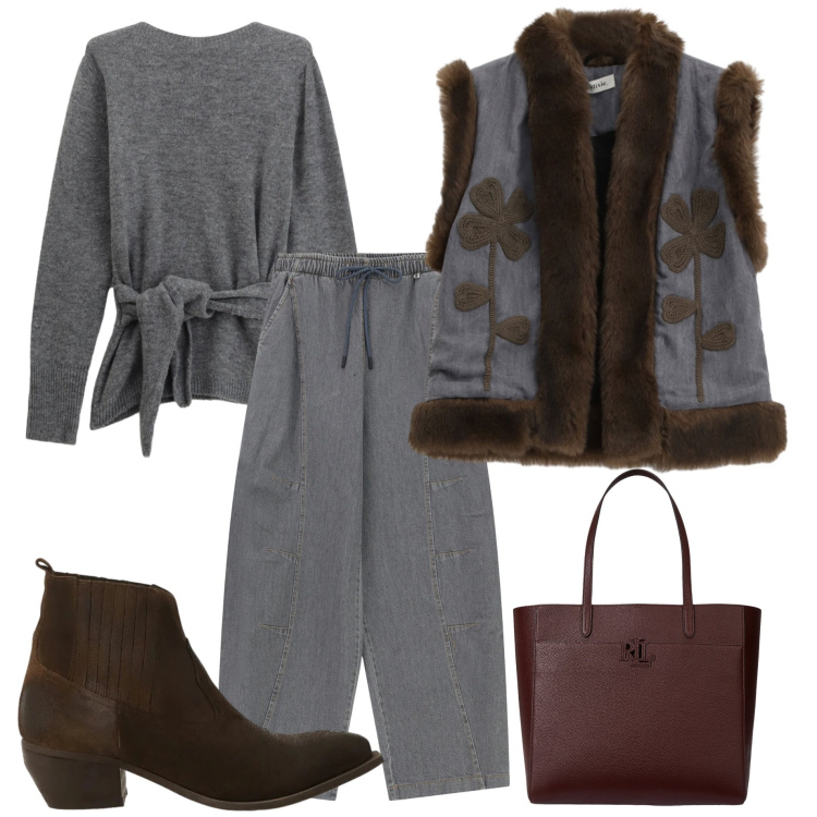 Outfit donna - Dixie saldi 25. Stile Glamour per Tutti i giorni. Abbinamento con borse tote, pantaloni a palazzo, stivaletti, gilet, maglieria.