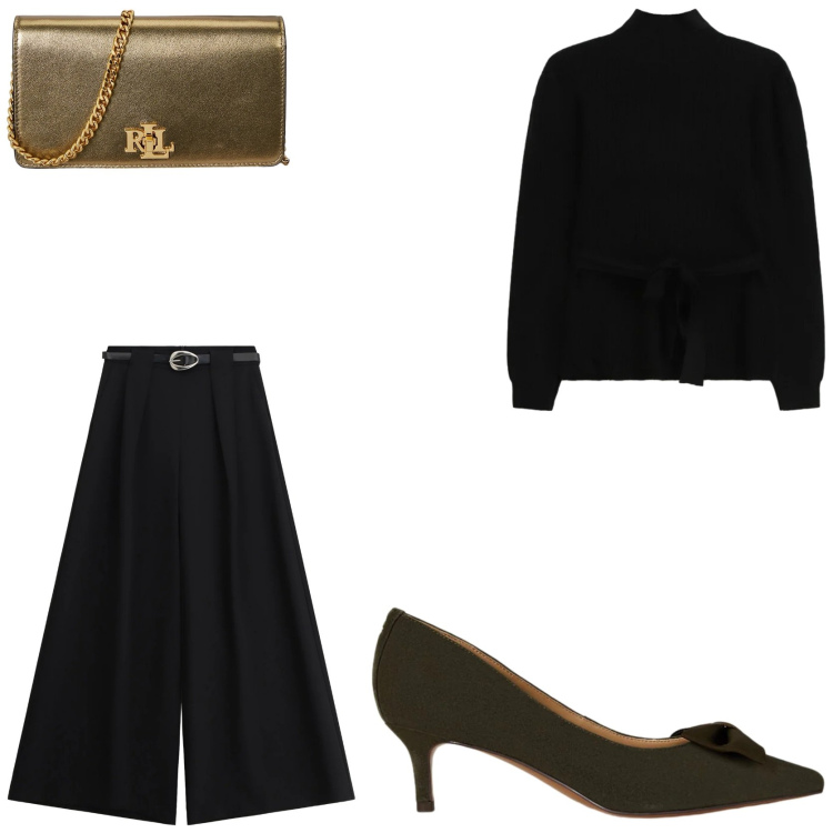 Outfit donna - Raffinato total black. Stile Bon Ton per Tutti i giorni. Abbinamento con pantaloni a palazzo, maglieria, décolleté, borse a mano.