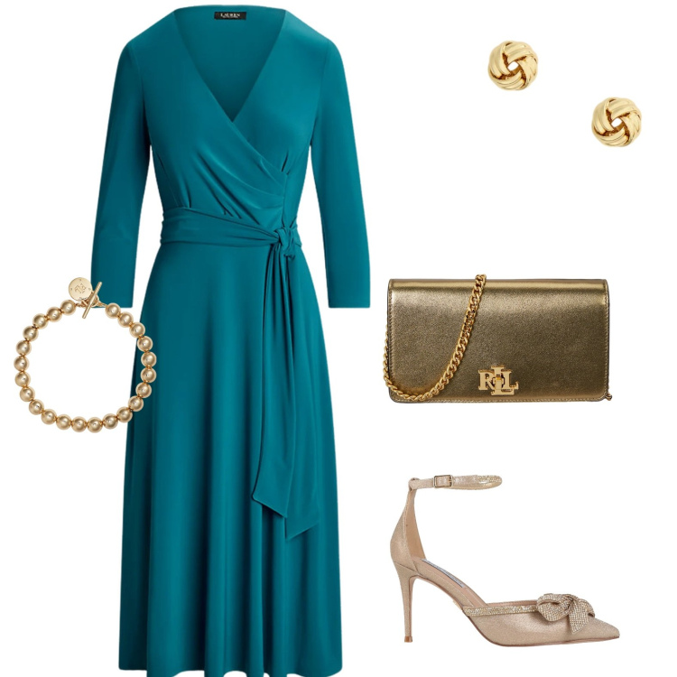 Outfit donna - Semplicemente elegante. Stile Romantica per Cerimonia. Abbinamento con décolleté, braccialetti, orecchini, vestiti, borse a mano.